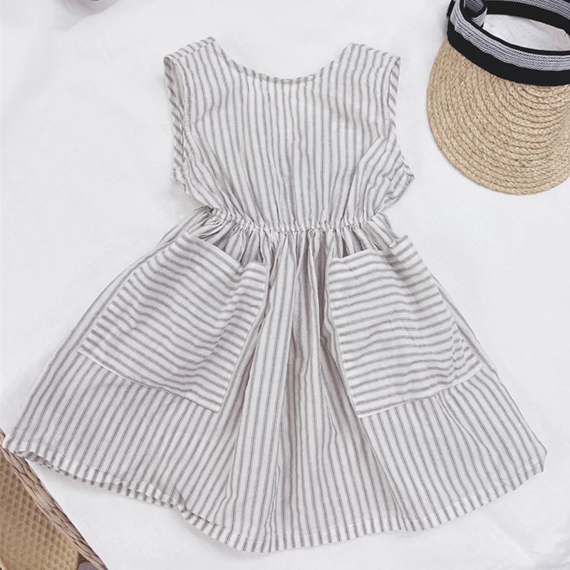 

2024 New Summer Kids Princess Dresses Sleeveless Cotton Stripes Baby Girl Party Dress Sister Dress Children Clothes