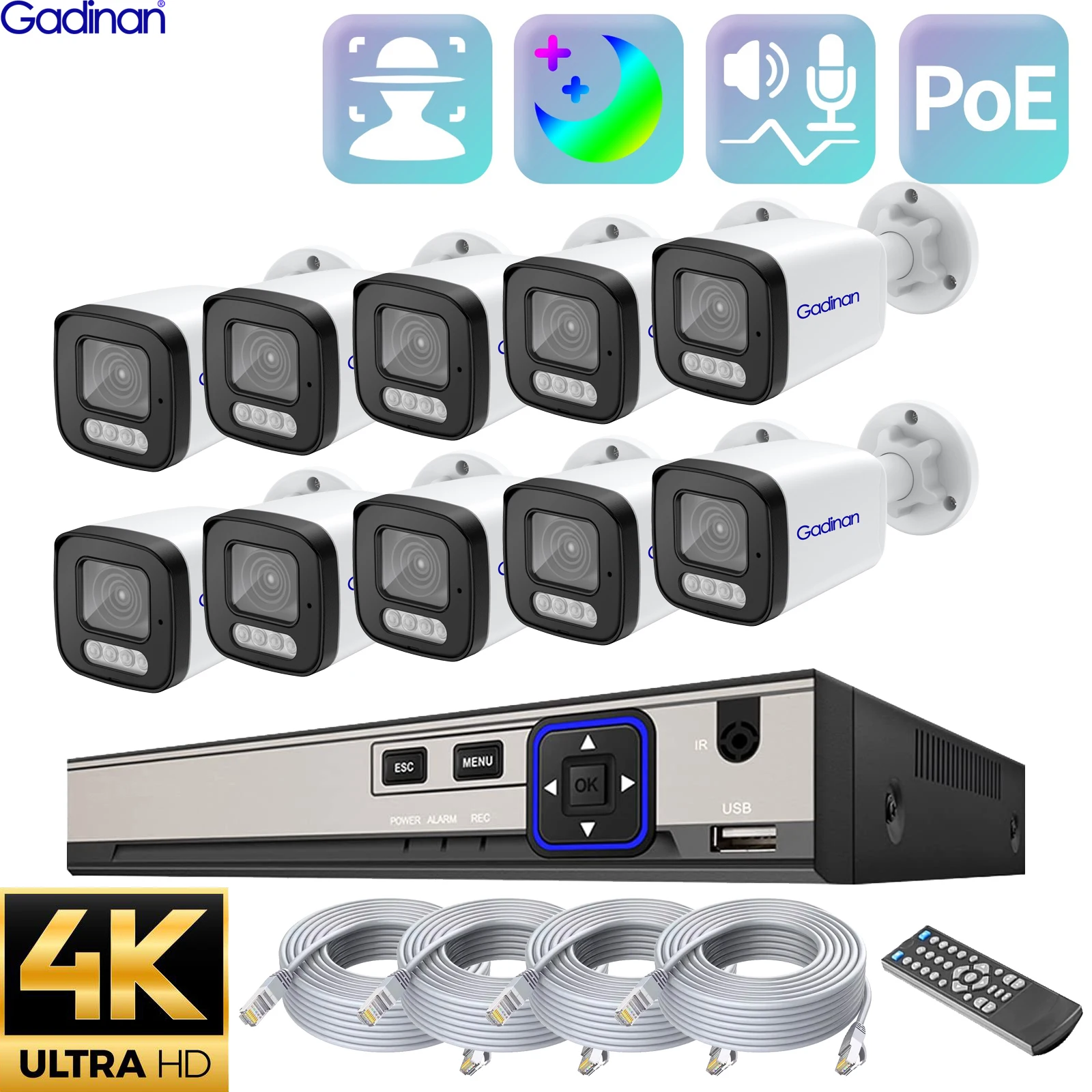 

Gadinan 4K 8MP 10CH NVR Video Surveillance Kit Face Detection 4MP ONVlF Two-Way Audio CCTV Security IP Camera System XMEye APP