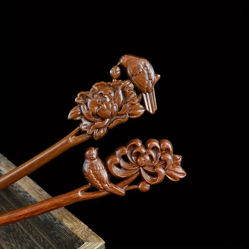 Women's Wood Carved Hair Accessory Collar Bird Peony Carving Suitable for Daily Gatherings Solid Wood Hairpin For Hair Accessory