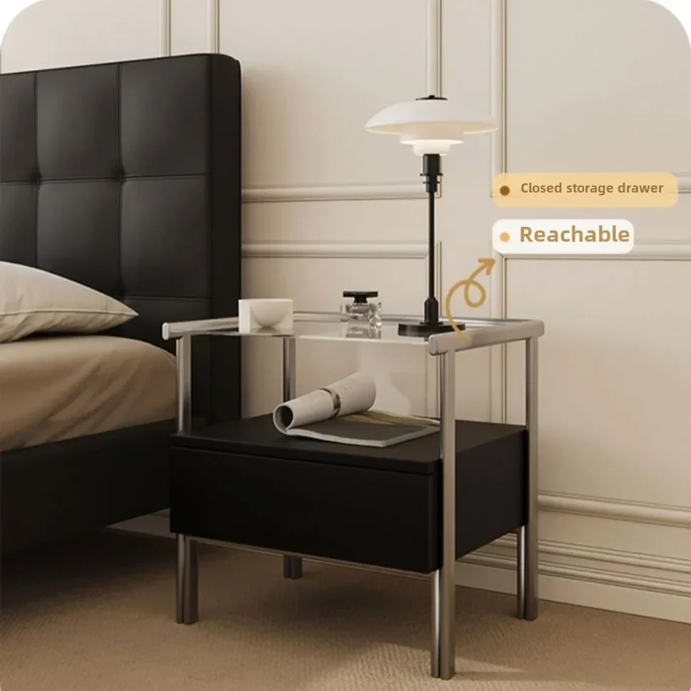 Nordic Light Luxury Stainless Steel Large-capacity Storage Bedside Table Bedroom Home Bedside Creative Glass Storage Locker