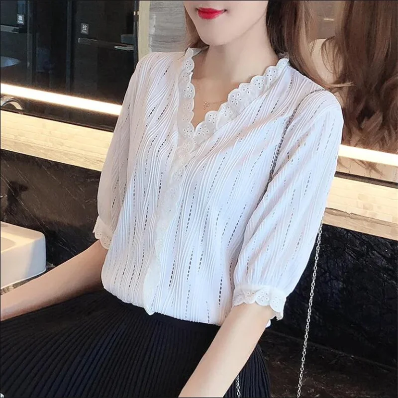 

Lace Top Women's Blouses V-Neck Hollow out Woman Shirt Summer Top Whirt Shirt For Female Korean Solid Base Shirt Half Sleeve Top
