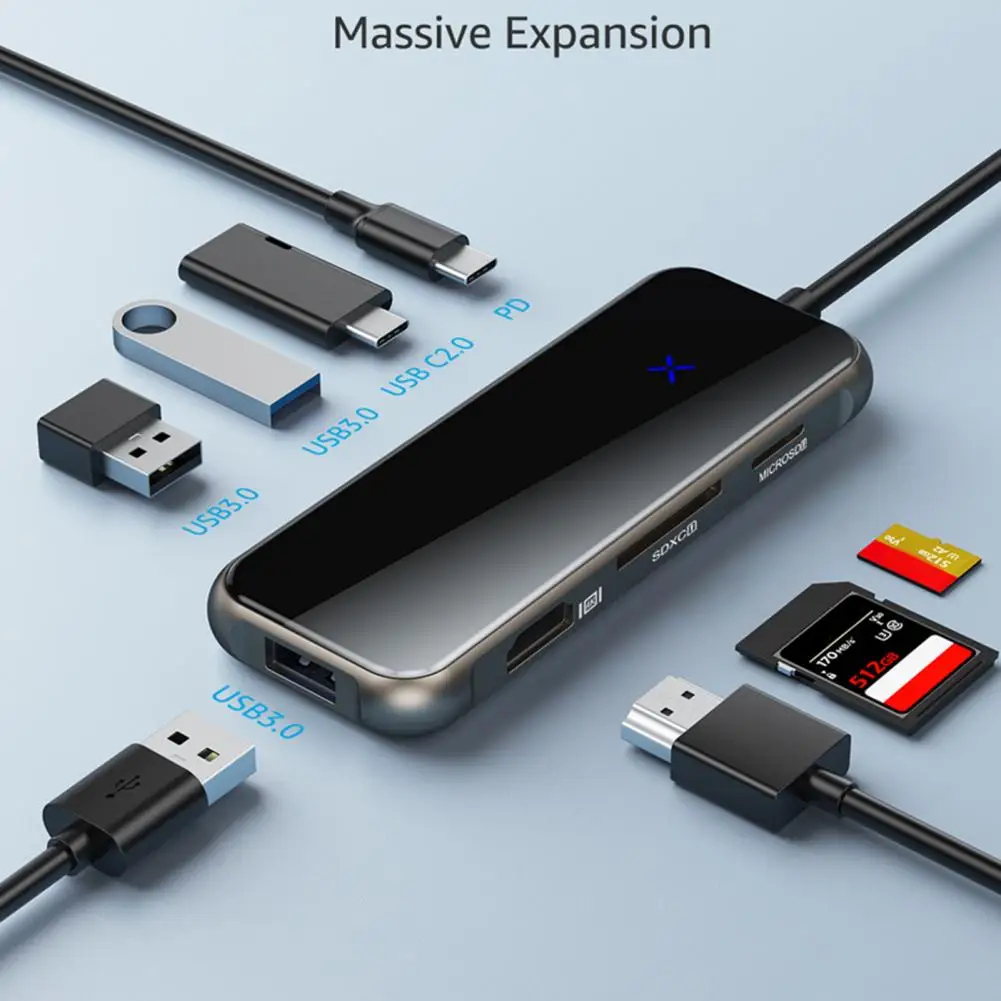 

Expansion Dock Useful Multifunctional Zinc Alloy USB3.0/2.0 Type-C HDMI-compatible TF/SD-Card Expansion Dock for Office