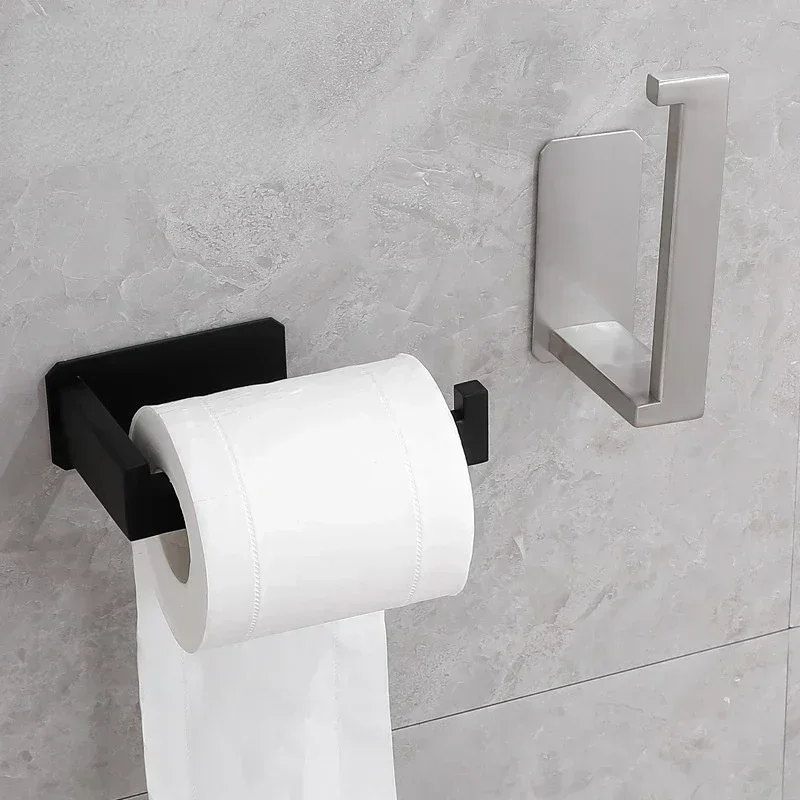 Toilet Paper Holder Stainless Steel Self Adhesive Bathroom Tissue Paper Holder Black Finish Easy Installation no Screw
