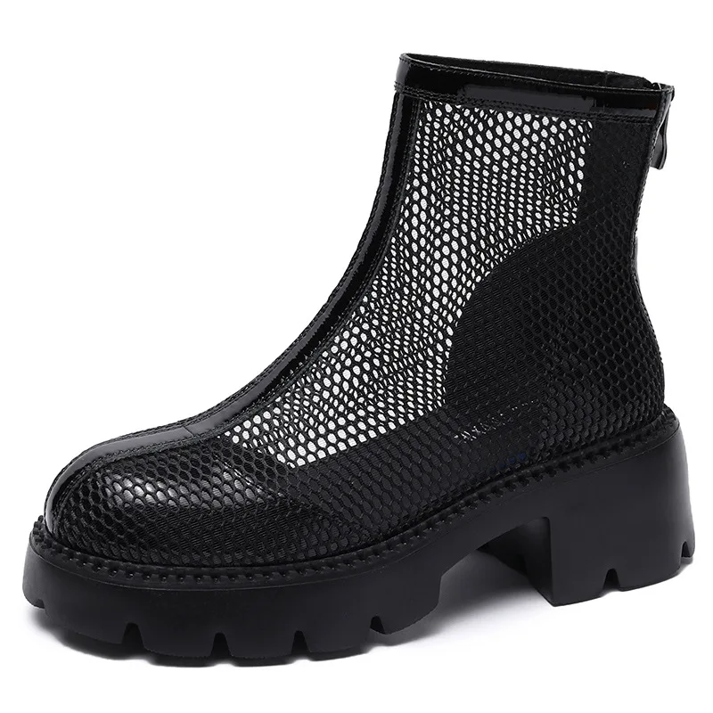thumbnail image 1 of Botas blancas de tacón alto para mujer, botas hasta el tobillo con cremallera y malla hueca de cuero, 1 of 5