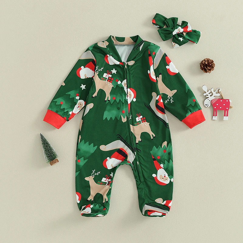 

Infant Baby Christmas Jumpsuit For Newborn Items Clothes Santa Claus Print Long Sleeve Zipper Romper Playsuit+Bow Headband
