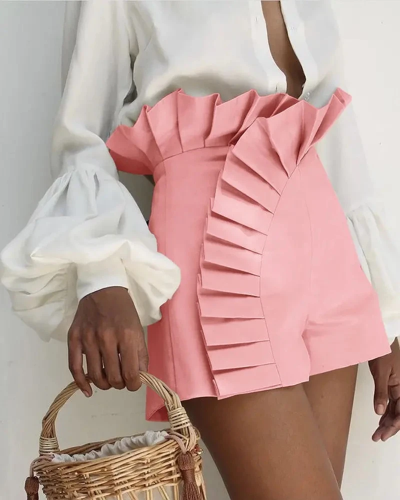 Elegant Ruffles Summer Shorts Women Pleated High Waist Fashion Casual Pants Female Sexy Bottom Office Lady Clothing Outfits