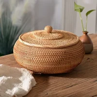 Round Rattan Boxes with Lid Hand-Woven Multi-Purpose Wicker Tray 11 Inch Picnic Food Bread Table Storage Basket WF Ring box Desk 1