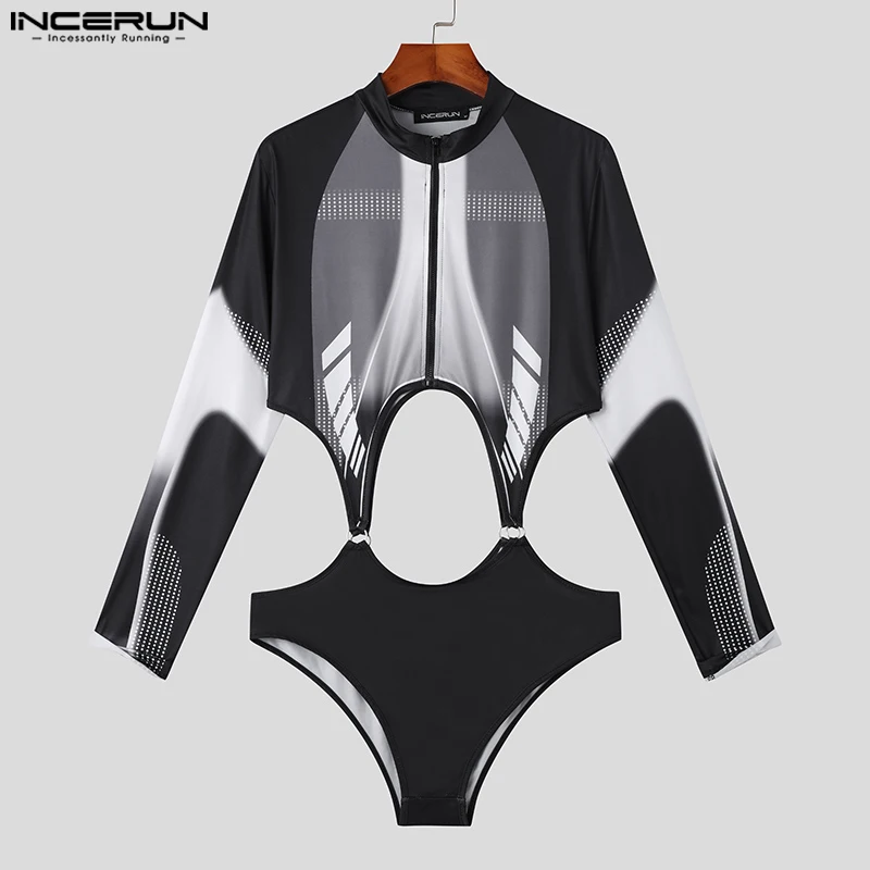 INCERUN 2023 Sexy Homewear Men Jumpsuits Locomotive Wind Hollowed Tight Bodysuits Casual Male Cropped Long Sleeved Rompers S-5XL