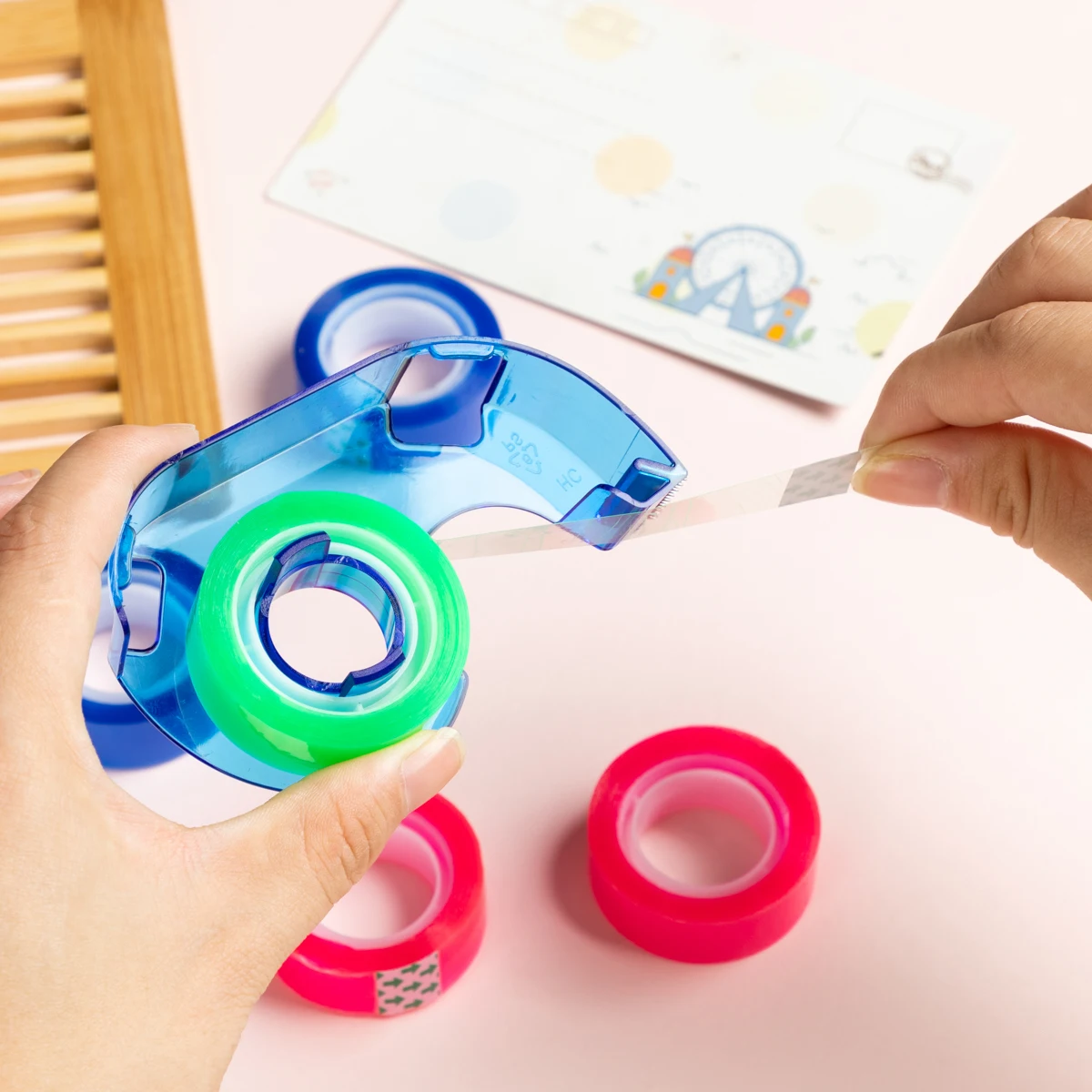 MOTARRO Portable Tape Cutter 15MM*15M with 5 Rolls of Colored Tape Storage Cutting Seat Dispenser Holder