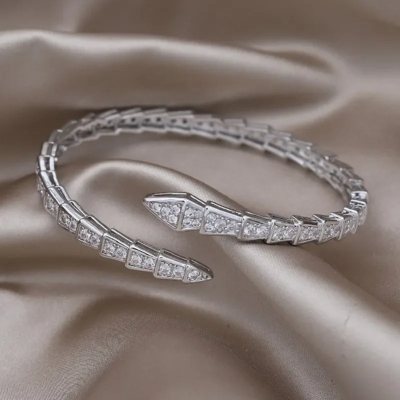 Gold Plated Copper Inlaid Zircon Snake Open Bracelet Women Party Accessories bangle bracelet,zircon bracelet,snake bangle bracelet