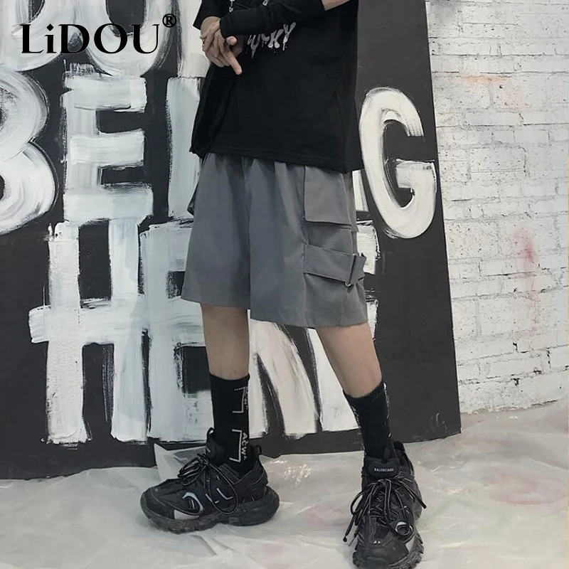 Summer Solid Color Elastic Waist Loose Casual Knee Length Cargo Pants Man Korean Style Street Motion All-match Straight Shorts