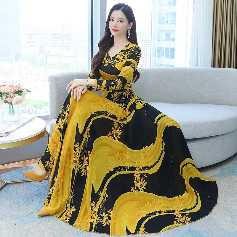 Vintage Women 2023 Dress Chiffon Floral Party Vestido Maxi Boho Autumn Sukienka Ropa Mujer Robe Longue Femme Chic Vestidos