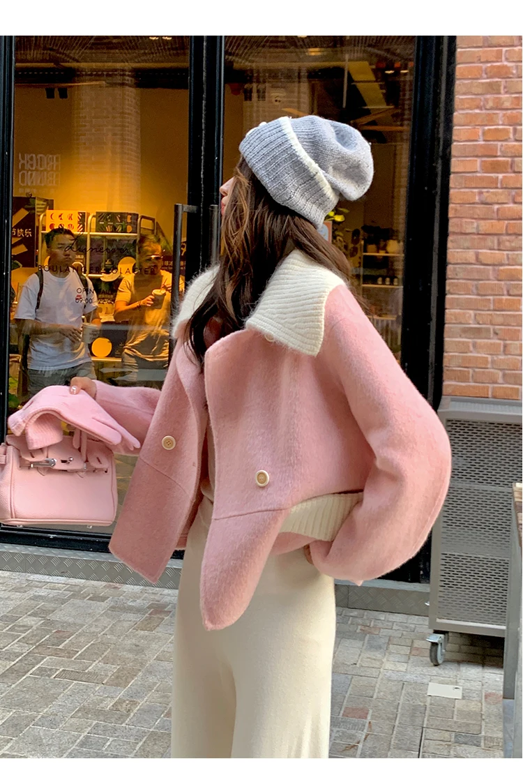 Sweet Cute Pink Slimming Women's Woolen Coat 2023 Autumn Winter French Preppy Style Long Sleeve Single-Breasted Coat