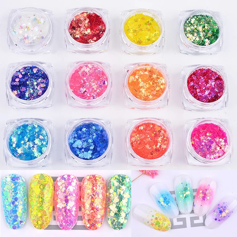 12PcsColorfulNailArtSequinsUltrathinGlitterFlakes3dMixedStar