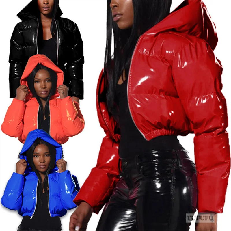 Fashion Cute Women Bright Pu Pink Puffer Jacket Winter Warm Bubble Cappotti Parka In Pelle Lucida Down Zipper Cropped Jackets Parka