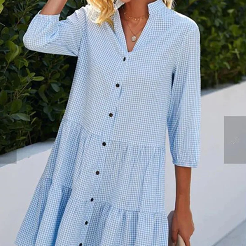 

V-neck Fashion Dresses Loose Preppy Style Office Lady Simplicity Buttons Plaid Half Sleeve Spring Summer Women's Clothing 2023