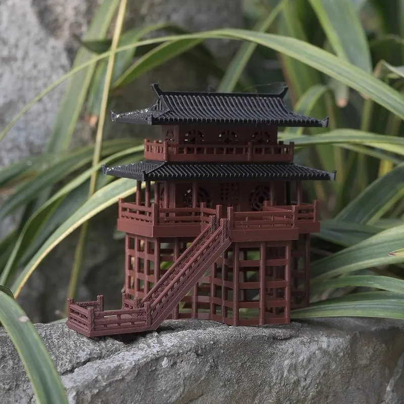 Handmade 3D Printed Ancient Chinese Landscape Decor - Two-Tiered Stilted Pavilion ，for Fish Tank/Terrarium/Bonsai Tree Display