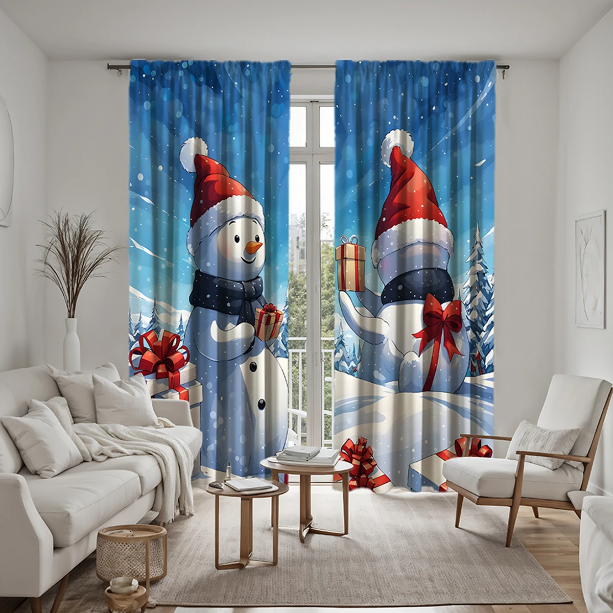 2pcs set HD Christmas gift snowman decoration curtain Blue tie digital printed curtain Home decoration style Decoration livin 6