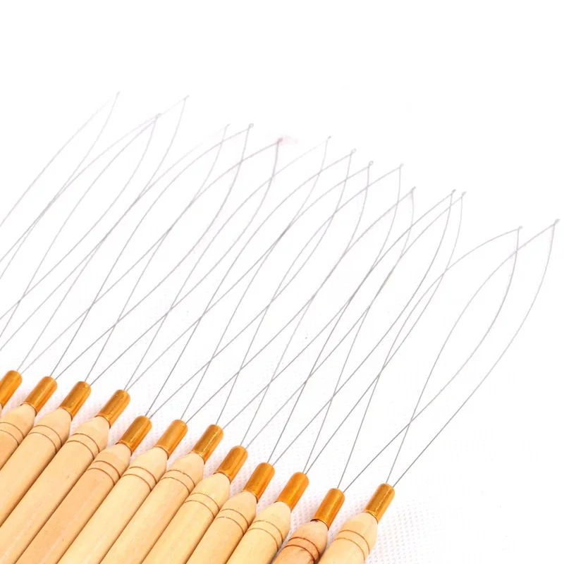 10/12Pcs Hair Extension Hook Pulling Tool Needle Threader Micro Rings Link Beads Loop Wooden Handle With Iron Wire hair extensions tool