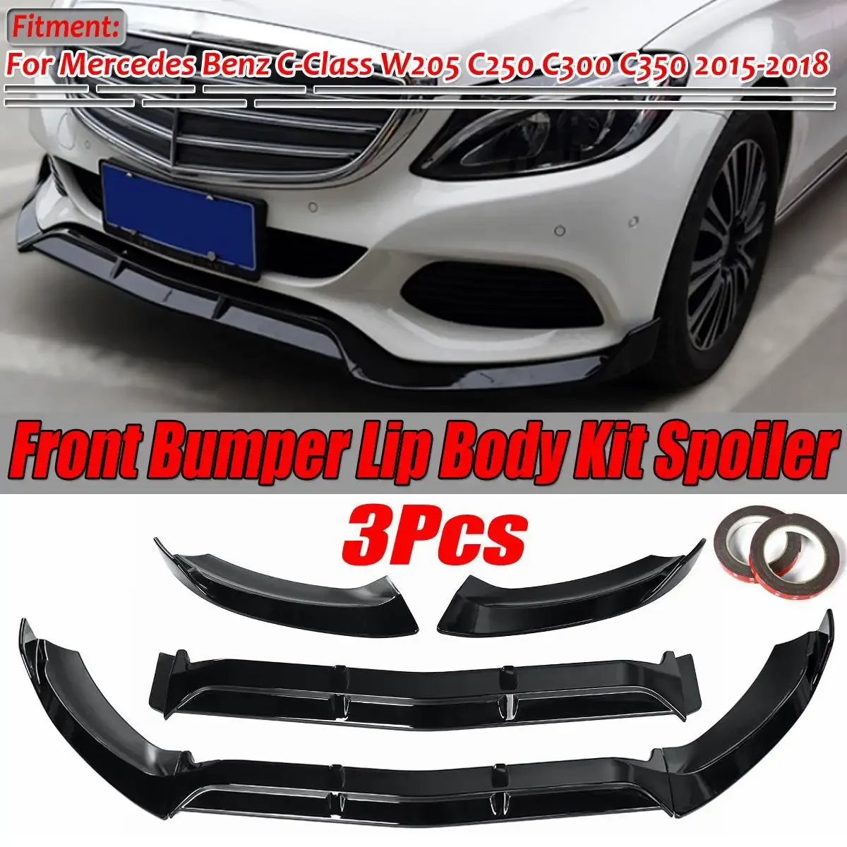 

3Piece Car Front Bumper Splitter Lip Diffuser Guard Body Kit Spoiler For Mercedes For Benz C-Class W205 C250 C300 C350 2015-2018
