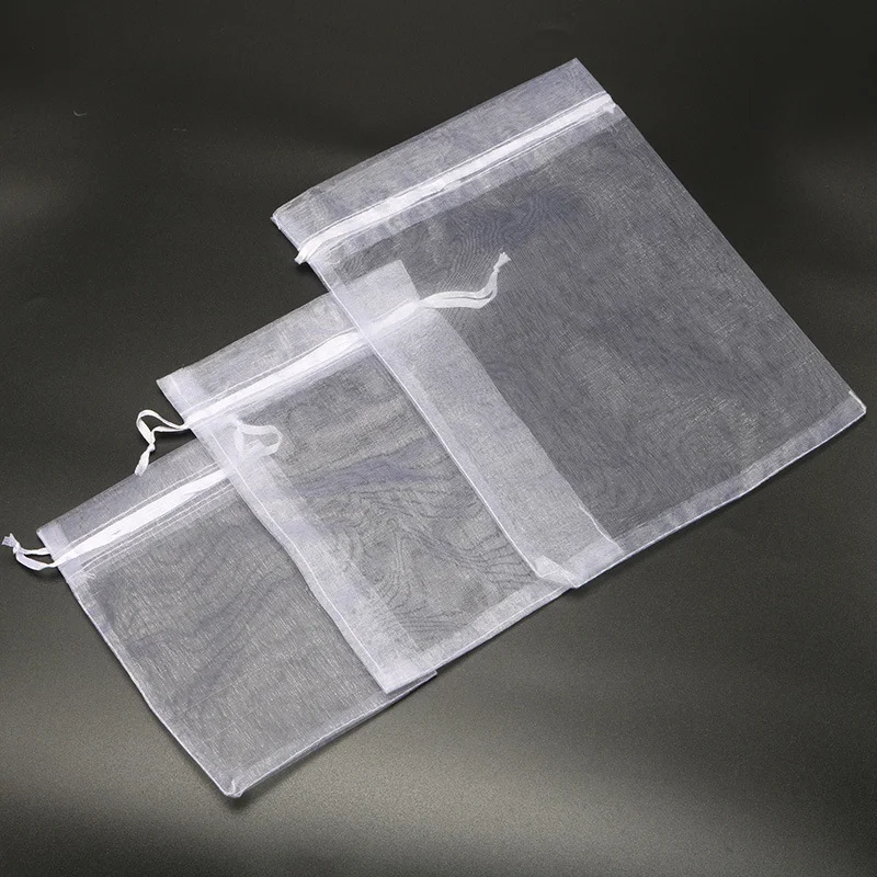 흰색 드로스트링 오간자 가방, 대량 도매 풀아웃 선물 랩 원사 가방, 7x9cm, 9x12cm, 10x15cm, 11x16cm, 13x18cm, 15x20cm, 50 개