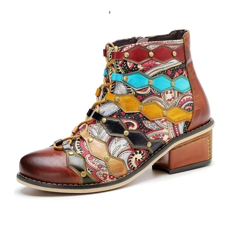 

5.5cm Synthetic Cloth Sheepskin Leather Plus Size Autumn Spring Ankle Booties Women ZIP Mixed Color Ethnic Fashion Shoes