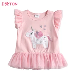 DXTON Children Unicorn Cartoon Embroidery T Shirt Kids Summer Short Shirt Girls Cotton Casual Ruffles T Shirt Children Costumes