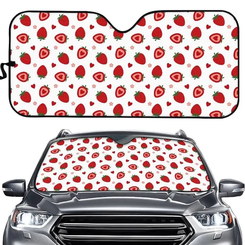 

Strawberry Hearts Red Girly Privacy Sunshade for Windshield | Retro Car Accessories | Matching Car Accessories