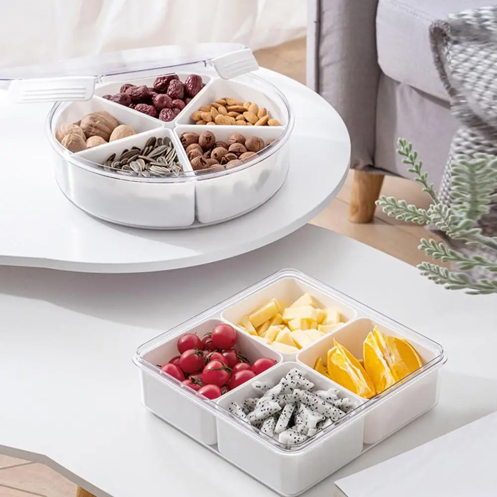 Serving Platter Round Plastic Divided Serving Tray with Lid 4 5 Individual Dishes Food Storage Containers Snack Fruit Veggie Can