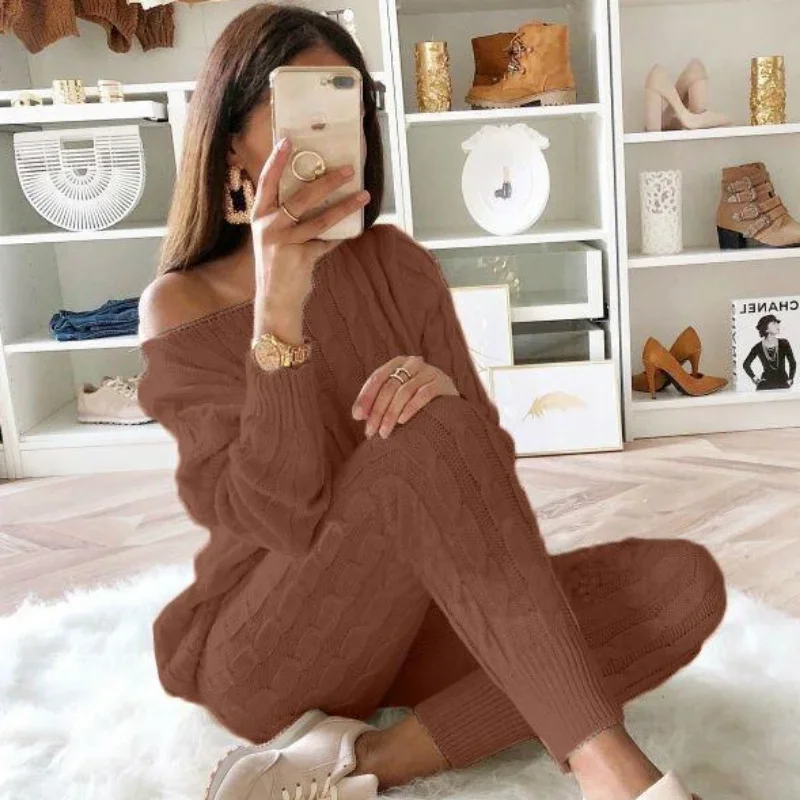 Long Sleeve Top Thick Sweaters Oversize Dropped Shoulder Knit Pants Set Women's Long Sleeve Knitted Casual Two-piece Sweater