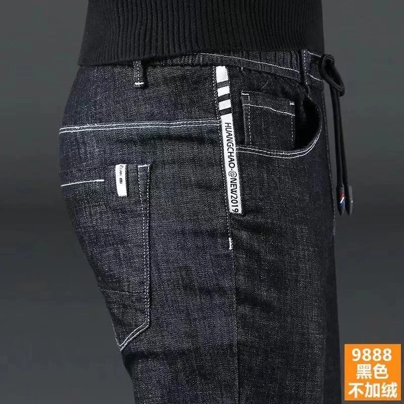 

Men's Winter Pants Fleece-lined Jeans Brushed Black Street Fashion Comfort Flex Zipper Pocket Stretch Plush Thicken Trousers Man