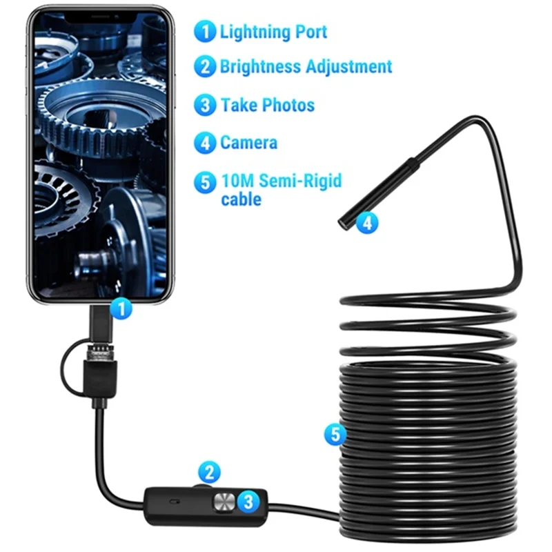 안드로이드 용 자동차 내시경 3 In 1 하수구 산업용 내시경 5.5Mm x 10m 배관 내시경 USB 유연한 스네이크 카메라