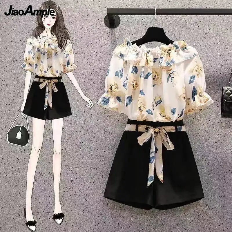 Women's Summer Shorts Suit 2022 New Casual Printed Shirt Top Pants Two Piece Korean Fashion Elegant Short Sleeve Blouse Set