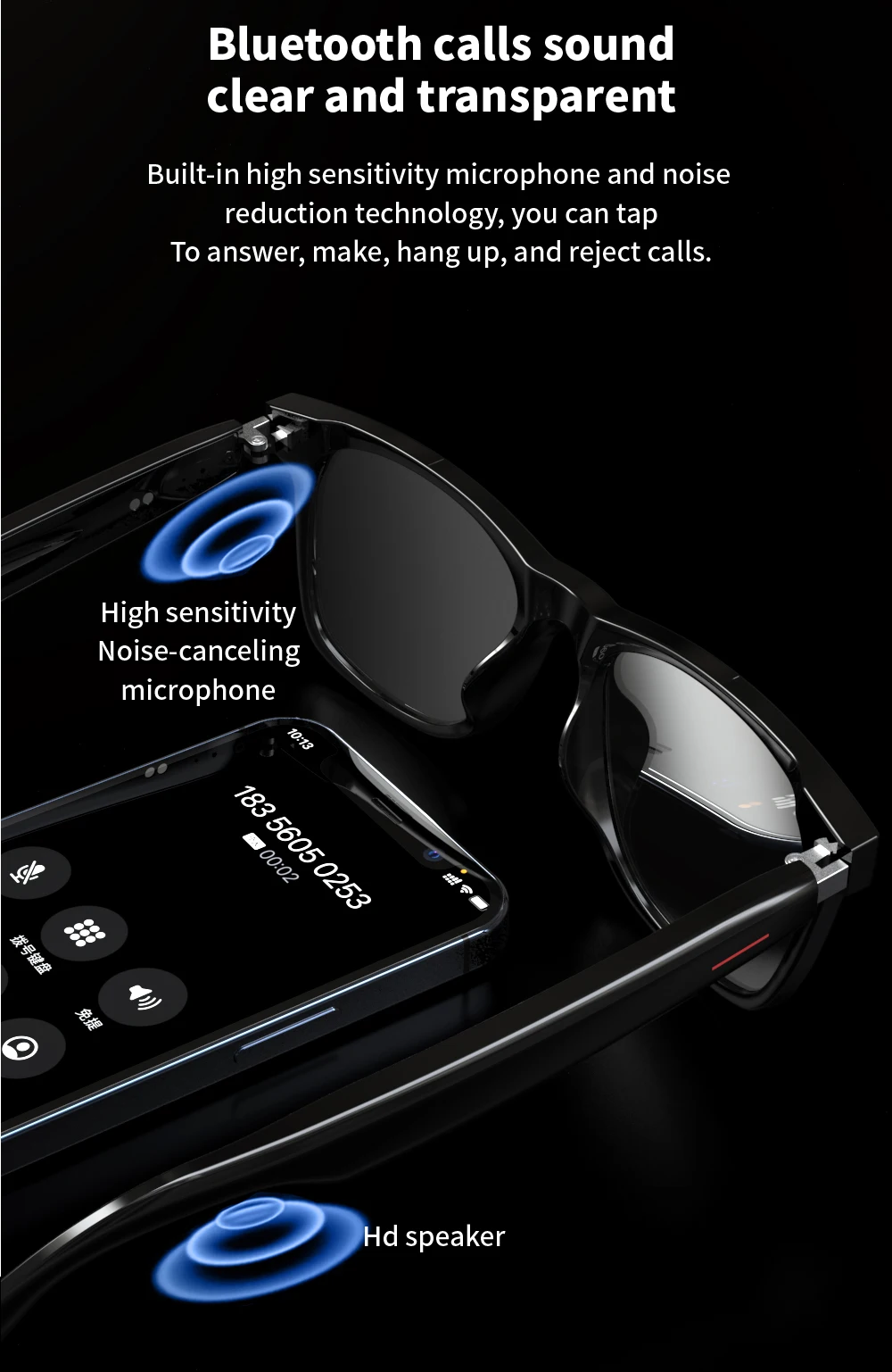 Áudio Bluetooth Óculos Inteligentes, Quadros Intercambiáveis, Microfones