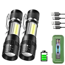 Compact Rechargeable LED Flashlight with Clip and Side Light for Outdoor Camping and Emergencies (2PCS with box)