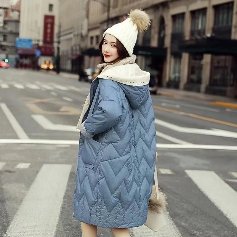 

2023 Women's Coat Winter New Korea Loose White Duck Down Hooded Jacket Thicken Long Parkas Female Casual Fashion Down Coats