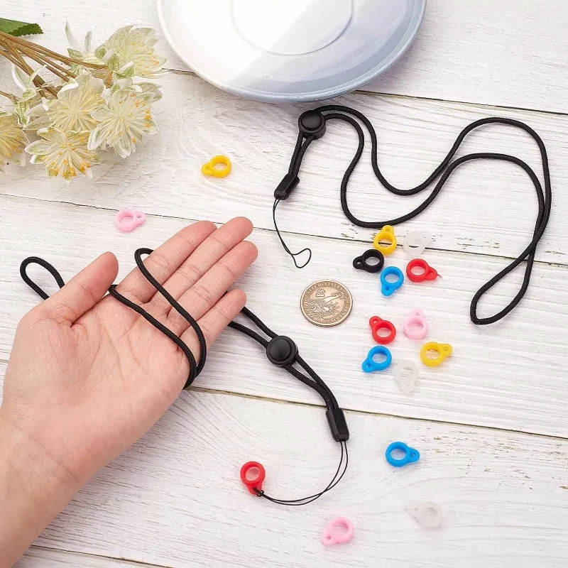 30PCS Anti-Lost Necklace Lanyard Set Include 6PCS Black Neck Lanyard Necklace Straps Pendant and 24PCS 8mm 6 Colors Silicone