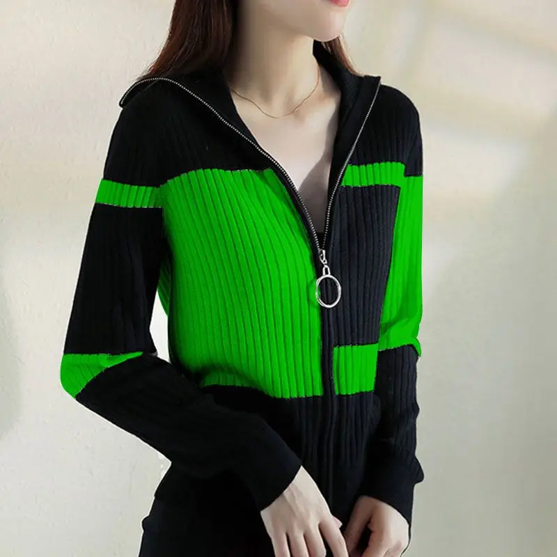 

Women's Spring Autumn Fashion Simple V-neck Zipper Stripe Contrast Color Versatile Long Sleeve Slim Fit Knitted Cardigan Tops