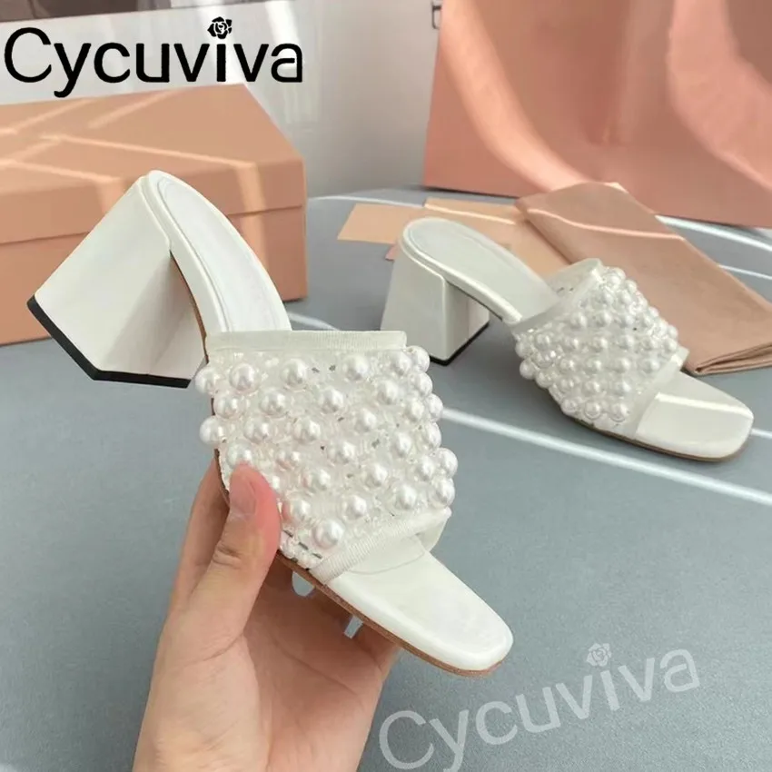 

Designer Block Heel Slides Pearl Decor Mules Women High Heel Party Shoes Brand Summer Woman Slippers 2022 Flats