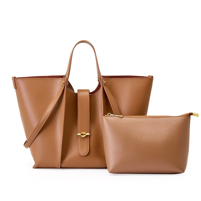

Women's Genuine Leather Large Capacity Tote Bag 2023Autumn New Luxury Design Ladies Solid Color Shoulder Bag OL Commuter Handbag