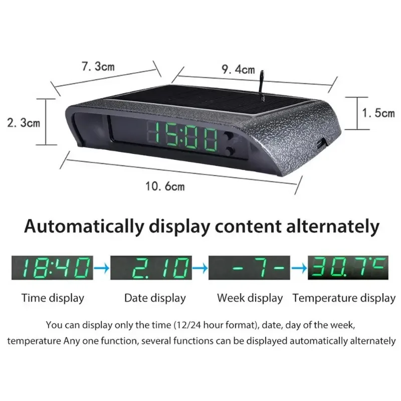 Car Clock Solar Charging Stick-On Digital 24-Hour 3-level Brightness Adjustment