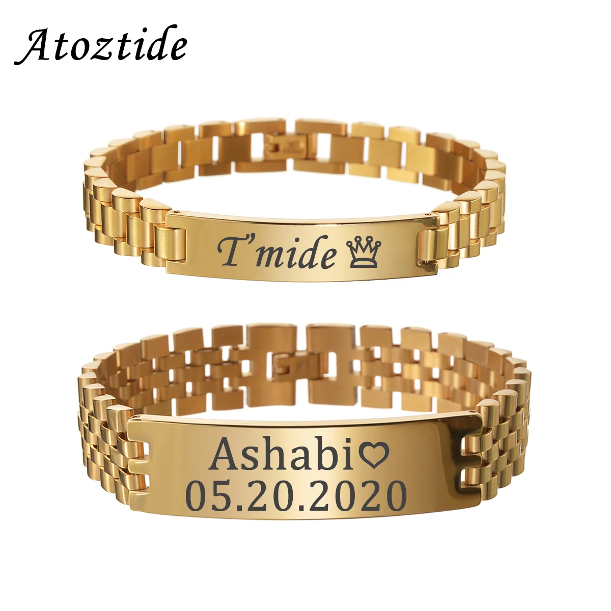 Atoztide 10mm Punk Men Personalised Engraved Name Date Bracelets for Women Thick Chain Stainless Steel Jewelry Bangle Gift