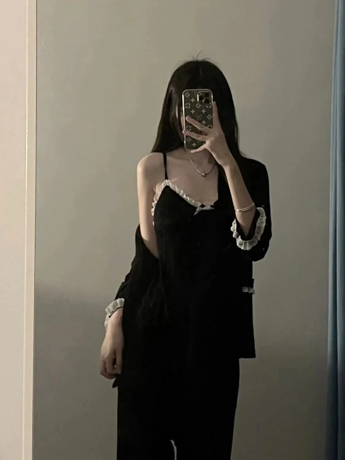 달콤한 소녀 슬립웨어 세트 스트랩 가디건 긴 바지 브이넥 긴 소매 나비 매듭 홈웨어 여성용 3피스 세트