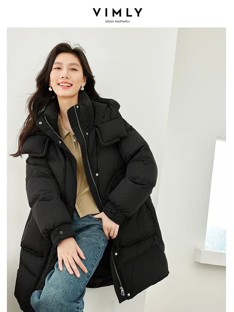 Vimly Lightweight Warm Duck Down Jacket for Women 2023 Winter Thick Hooded Stand Collar Female Long Down Coat Outerwears 50703
