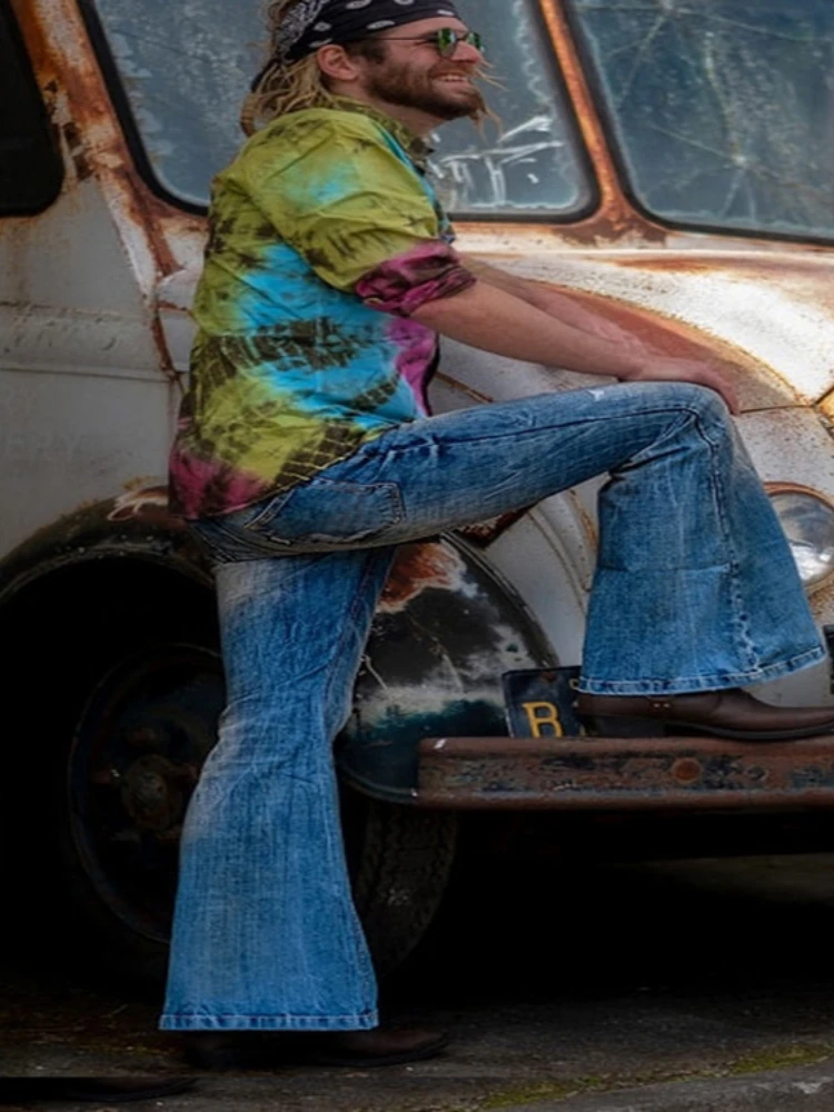 Men Flared Jeans Bootcut Leg Pants Distressed Jeans Fall Winter Punk Stlye Bell Bottom Denim Trousers Hombre y2k streetwear