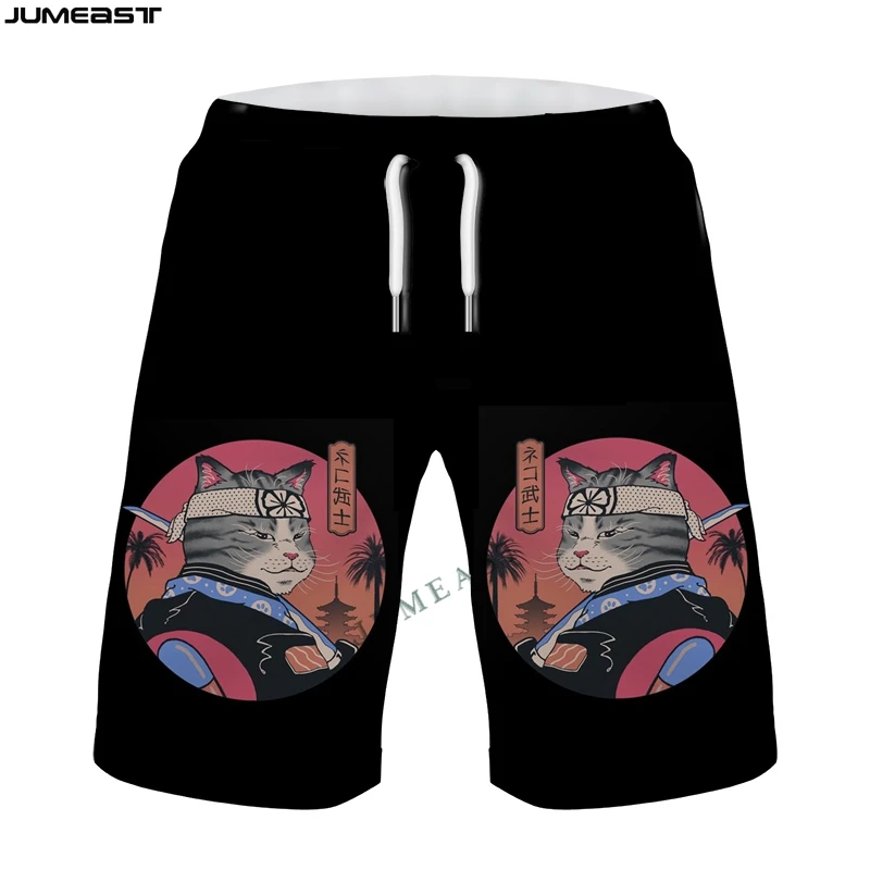 Jumeast Y2k Men Women 3D Printed Hip Hop Japanese Samurai Cat Shorts Trunks Quick Dry Beach Casual Sweatpants Short Pants
