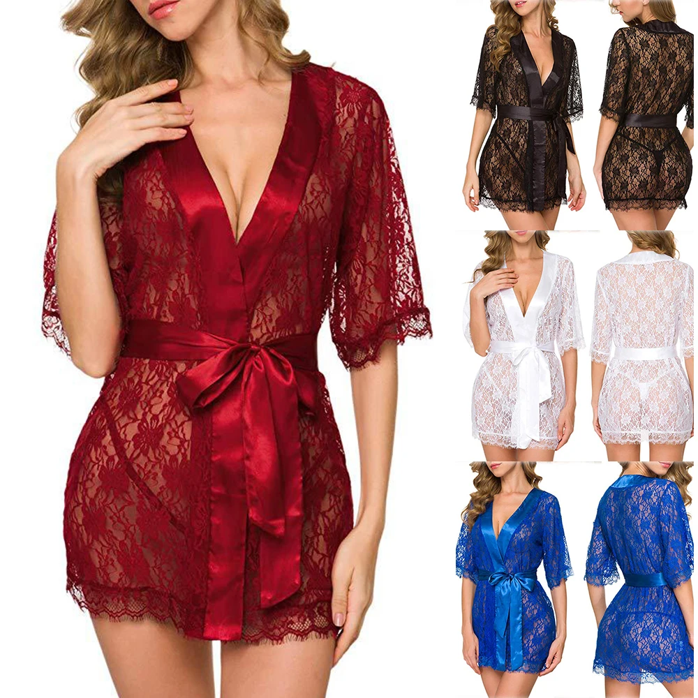

Women Lace Nightgown Hot Sexy Pajamas Transparent Erotic Sleepwear Sexy Lingerie V-Neck Nightdress Lenceria