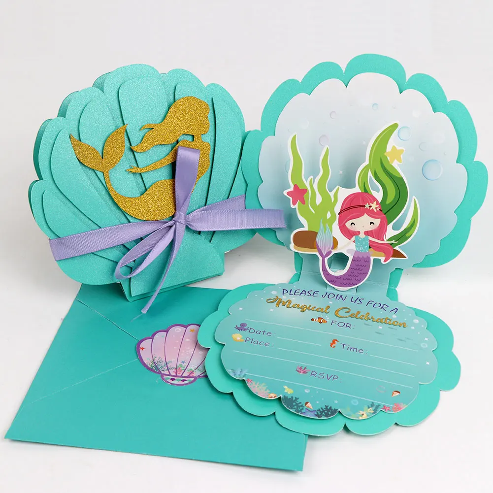 birthday card OurWarm Mermaid Party Invitations 3D Pearlescent Mermaid Birthday Party Supplies with Envelopes for Kids Girls Birthday