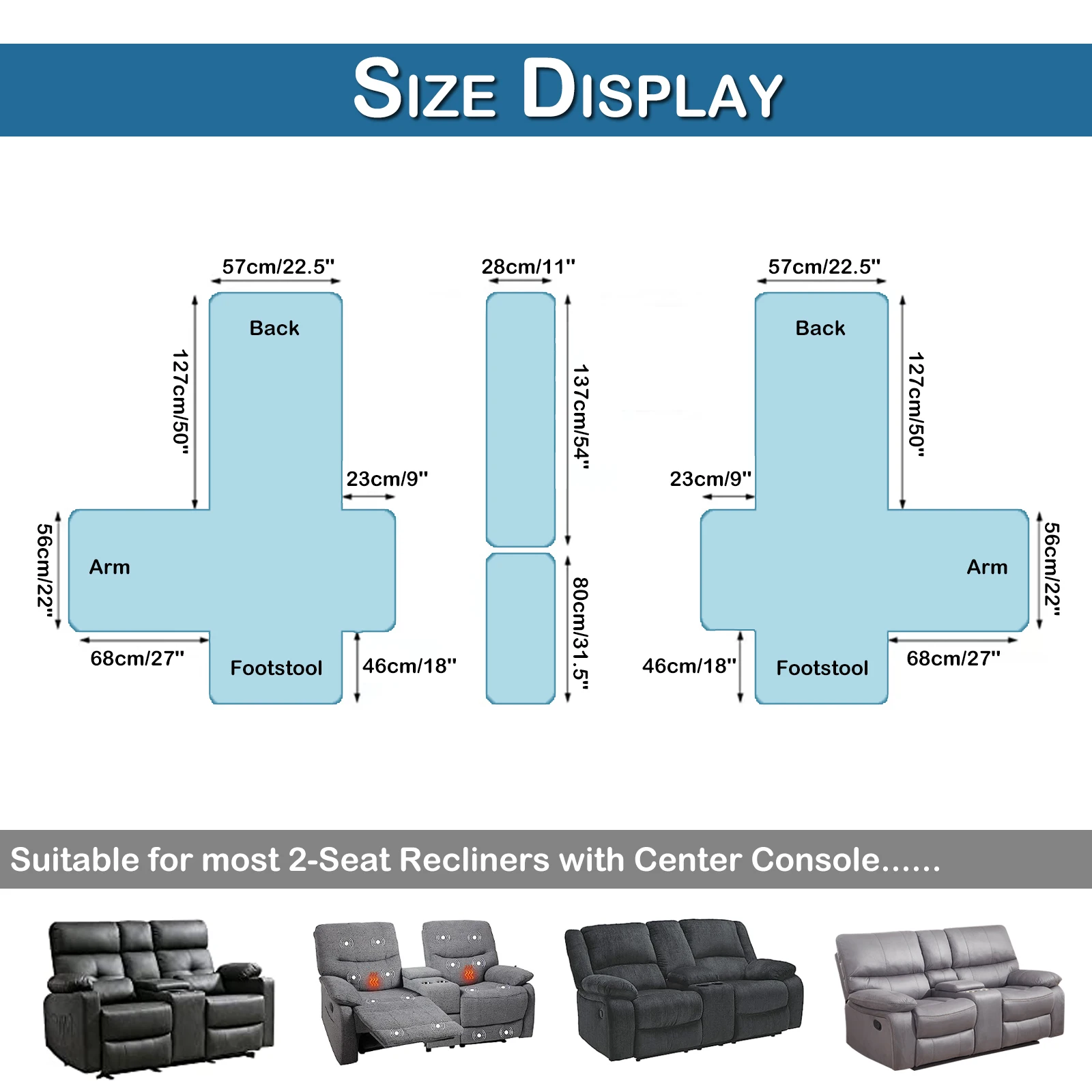 2 Seater Recliner Slipcovers Center Console Cover Arm Sofa Chair Covers Pet Anti Slip Mat Protector