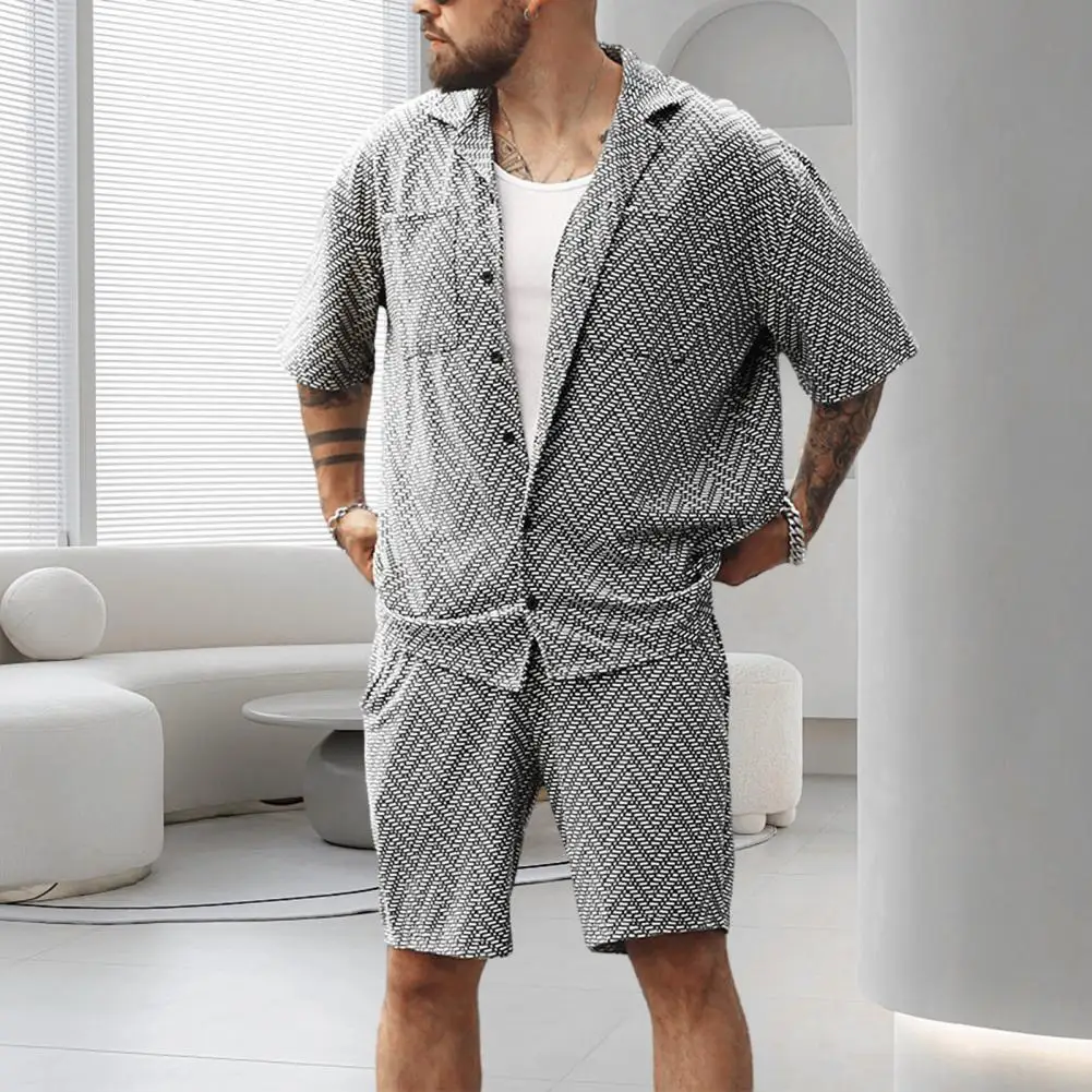 

2Pcs/Set Summer Lapel Short Sleeve Shirt Shorts Set Twill Pattern Single-breasted Loose Tracksuit Casual Fashion Man Clothing